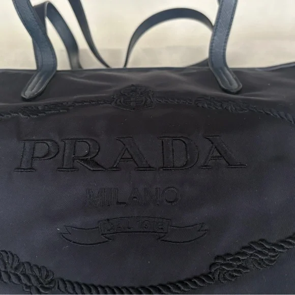 Prada Navy Re-Nylon Embroidered Logo Tote Bag - Picture 2 of 7